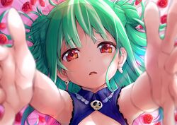  blurry depth_of_field double_bun earrings female floral_print flower green_eyes green_hair hair_bun hololive jewelry looking_at_viewer lying on_back open_mouth outstretched_arms red_eyes rose short_hair skull_earrings sleeveless solo tarunyan uruha_rushia virtual_youtuber 