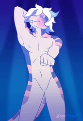  animated anthro blue_eyes dancing featureless_crotch frame_by_frame hair hand_behind_head hip_sway horn lopertinger male navel nipples nude null reptile scalie short_playtime simple_background snake solo swaying tail tongue tongue_out white_body white_hair 