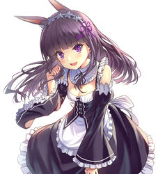  :d alternate_costume animal_ear_fluff animal_ears apron black_dress black_sleeves blunt_bangs blush breasts cleavage commentary cosplay detached_sleeves dog_ears dog_girl dress enmaided extra_ears female frilled_apron frilled_dress frilled_sleeves frills hair_ornament hair_ribbon hairclip hand_up juliet_sleeves kasumi_(princess_connect!) long_sleeves maid medium_breasts open_mouth princess_connect! puffy_sleeves purple_eyes purple_hair purple_ribbon re:zero_kara_hajimeru_isekai_seikatsu ribbon roswaal_mansion_maid_uniform shitou_(1992116210) simple_background sleeveless sleeveless_dress smile solo waist_apron white_apron white_background wide_sleeves x_hair_ornament 