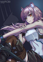  animal_ear_fluff animal_ears arknights armor barcode barcode_tattoo bare_arms bare_shoulders black_footwear boots breastplate brown_legwear commentary covered_navel female gravel_(arknights) grey_background highres kingdom_of_kazimierz_logo long_hair looking_at_viewer midriff nairobi_song navel orange_eyes pink_hair pouch shoulder_tattoo simple_background solo stomach tattoo 