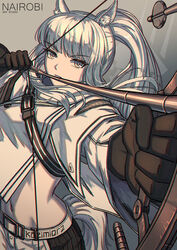  animal_ear_fluff animal_ears arknights arrow_(projectile) black_gloves bow_(weapon) commentary drawing_bow female gloves grey_background grey_eyes highres holding holding_bow_(weapon) holding_weapon long_hair long_sleeves looking_at_viewer midriff nairobi_song navel platinum_(arknights) solo stomach tail upper_body weapon white_hair 