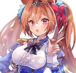  animal_ears black_bow blurry bow breasts brown_hair chiro_(chi-bu-ko) daiwa_scarlet_(umamusume) depth_of_field epaulettes female framed_breasts frills hair_intakes hairbow horse_ears horse_girl long_hair looking_at_viewer pointing red_bow red_eyes simple_background solo tiara twintails umamusume underbust uniform very_long_hair 