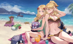  2girls alternate_costume alternate_hairstyle barefoot beach bikini blonde_hair blush breasts brown_bikini caitlin_(pokemon) casual_one-piece_swimsuit cleavage closed_mouth cloud commentary_request cynthia_(pokemon) day eyelashes frills garchomp gastrodon gastrodon_(west) glass gothita green_eyes green_one-piece_swimsuit hand_up highres holding holding_pokemon jojobirdz long_hair multiple_girls navel one-piece_swimsuit outdoors parted_bangs pokemon pokemon_(creature) pokemon_bw riolu roserade sand shellder shore sitting sky slug staryu swimsuit toes water 