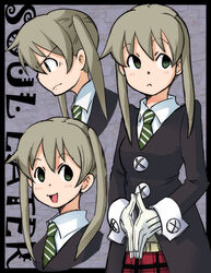  brown_hair closed_mouth female gloves graphite_(medium) green_eyes hakkatou long_hair looking_at_viewer maka_albarn necktie school_uniform skirt smile solo soul_eater traditional_media twintails 