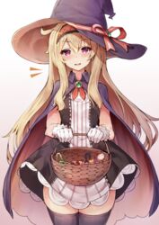  basket black_cloak black_dress black_headwear black_thighhighs blonde_hair candy cloak dress female food gem gloves hairband halloween hat hat_ribbon highres holding little_witch_nobeta long_hair nobeta open_mouth red_eyes ribbon se-u-ra short_dress smile solo striped_clothes striped_dress thighhighs thighs two-tone_dress white_dress white_gloves witch_hat zettai_ryouiki 