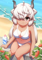  absurdres alternate_costume bare_arms bare_shoulders beach bikini blush breasts brown_eyes ev_(kemomimizuku) female food from_above hair_over_one_eye highres kemono_friends long_hair looking_at_viewer looking_up marine_day ox_ears ox_girl ox_horns shaved_ice sidelocks sitting smile solo stomach swimsuit tan tanlines twintails white_bikini white_hair yak_(kemono_friends) 