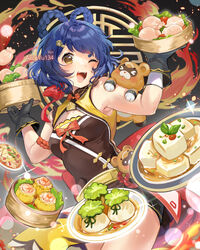  absurdres alice_vu almond_tofu_(genshin_impact) arm_garter artist_name bamboo_steamer bare_shoulders bear black_hair blue_hair blush braid braided_hair_rings breasts china_dress chinese_clothes crystal_shrimp_(genshin_impact) dress dumpling female fire food fullmoon_egg_(genshin_impact) genshin_impact gloves guoba_(genshin_impact) hair_ornament hair_ribbon hair_rings hairclip highres holding jade_parcels_(genshin_impact) leotard light_particles looking_at_viewer meat medium_breasts one_eye_closed open_mouth plate ribbon sauce short_hair shrimp shumai_(food) sleeveless smile solo sparkle tofu vegetable xiangling_(genshin_impact) yellow_eyes 