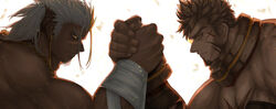  2boys arm_wrestling backlighting bandages bara bidziil_(gyee) blonde_hair brown_hair buegnahrnc9m9lh cross_scar crossover dark-skinned_male dark_skin ear_piercing eye_contact facial_hair flaming_eye from_side frown goatee gyee heracles_(housamo) highres long_sideburns looking_at_another male_focus mature_male multicolored_hair multiple_boys muscular muscular_male pectorals piercing scar scar_on_cheek scar_on_chest scar_on_face short_hair sideburns spiked_hair streaked_hair tokyo_afterschool_summoners white_hair 