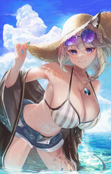  absurdres animal_ear_fluff animal_ears arknights bare_shoulders beach bikini blonde_hair blue_shorts blue_sky blush breasts cat_ears cleavage collarbone denim denim_shorts eyewear_on_head female grey_bikini hat highres large_breasts looking_at_viewer monge_baby navel ocean oerba_yun_fang official_alternate_costume outdoors purple-tinted_eyewear purple_eyes round_eyewear short_hair short_shorts shorts skin_fang sky smile solo straw_hat striped_bikini striped_clothes sunglasses swimsuit tail thighs tinted_eyewear utage_(arknights) utage_(summer_flowers)_(arknights) vertical-striped_bikini vertical-striped_clothes white_bikini 