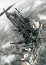  asterisk_kome bird_wings black_footwear black_gloves boots dutch_angle female flying frances_royce fur-trimmed_jacket fur_trim gloves goggles grey_sky gun headphones highres holding holding_weapon jacket lewis_gun machine_gun military military_uniform pants parachute propeller scar short_hair sky solo uniform weapon white_hair winged_fusiliers wings 