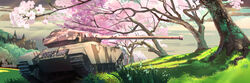  artist_name castle caterpillar_tracks centurion_(tank) cherry_blossoms cloud commentary_request dated emblem evening flower grass military military_vehicle motor_vehicle narotake no_humans original outdoors signature sky sunlight tank vehicle_focus world_of_tanks 