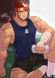  1boy absurdres bandaged_arm bandages bara beard black_shorts blue_tank_top bottle bulge commission cross_scar dog_tags facial_hair feet_out_of_frame headband highres holding holding_bottle indie_virtual_youtuber knee_up large_pectorals looking_at_viewer male_focus mature_male multicolored_hair muscular muscular_male parted_lips pectorals red_hair red_headband ryuugen_drake scar scar_across_eye second-party_source short_hair short_shorts shorts sidepec sitting socks solo streaked_hair sweat tank_top toumato tree_shade very_sweaty virtual_youtuber white_hair white_socks 