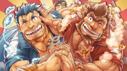  3boys anger_vein bangle bara beard blue_eyes blue_hair blue_jacket bombom bracelet brown_hair chest_hair closed_eyes commentary_request facial_hair fins fire fish_boy hairy hand_on_another&#039;s_head holding_hands jacket jewelry jinn_(housamo) large_pectorals male_focus mature_male mononobe_kyoma multicolored_hair multiple_boys muscular muscular_male necklace nipples official_art oil_lamp okusu_(oaks16) one_eye_closed open_clothes open_jacket open_mouth partial_commentary pectorals red_eyes red_jacket sharp_teeth shell shell_necklace short_hair simple_background smile steam streaked_hair stubble teacher teeth third-party_source tokyo_afterschool_summoners track_jacket triton_(housamo) unibrow upper_body veins water white_hair 