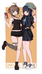  2girls :d antenna_hair black_footwear black_hair black_shirt black_shorts blue_eyes bracelet breasts brown_hair cardcaptor_sakura cellphone character_name cleavage collar collarbone commentary_request copyright_name daidouji_tomoyo green_eyes hair_bobbles hair_ornament hat highres jewelry kero_(cardcaptor_sakura) kinomoto_sakura laofuzi_dai_bansho leg_up long_hair md5_mismatch medium_breasts midriff multiple_girls necktie open_mouth phone shirt short_hair short_shorts short_sleeves shorts sleeveless sleeveless_shirt smile standing standing_on_one_leg stomach white_background yellow_background yuri 