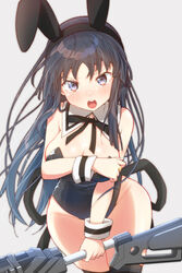  adapted_costume animal_ears assault_lily bare_shoulders black_hair black_hairband black_leotard black_ribbon black_thighhighs blush breasts cleavage commentary_request covering_breasts covering_privates cowboy_shot detached_collar embarrassed fake_animal_ears female grey_background groin hairband hand_up highleg highleg_leotard holding holding_weapon jewelry leotard long_hair looking_at_viewer medium_breasts neck_ribbon nose_blush open_mouth playboy_bunny purple_eyes rabbit_ears ribbon ring shirai_yuyu simple_background skull573 solo standing strapless strapless_leotard tearing_up teeth thighhighs upper_teeth_only very_long_hair weapon wide_hips wrist_cuffs 