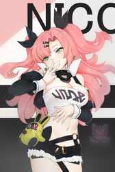  bad_id bad_pixiv_id bangboo_(zenless_zone_zero) bare_shoulders black_jacket black_ribbon black_shorts breasts chinese_commentary commentary_request cowboy_shot crop_top cutoffs earrings female hair_ribbon hand_up head_tilt heart heart_earrings jacket jewelry large_breasts long_hair long_sleeves looking_at_viewer micro_shorts midriff mole mole_on_breast mole_on_thigh mole_under_eye navel nicole_demara open_clothes open_jacket pink_hair qingye_ling ribbon shorts smile solo standing stomach strapless tube_top two_side_up v very_long_hair yellow_eyes zenless_zone_zero 