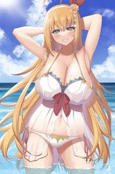  ahoge arms_behind_head arms_up bikini blue_eyes braid breasts chemise day female flower grin hair_between_eyes hair_flower hair_ornament hair_ribbon hairband highres large_breasts long_hair looking_at_viewer navel ocean orange_hair outdoors partially_submerged pecorine_(princess_connect!) pecorine_(summer)_(princess_connect!) period_(anony_83) princess_connect! red_ribbon ribbon rose smile solo swimsuit tiara very_long_hair wading white_bikini white_hairband 