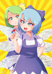  2girls blouse blue_dress blue_eyes blue_hair bow carte cirno collared_shirt commentary daiyousei dress frog green_eyes green_hair hair_ribbon hairbow highres ice ice_wings multiple_girls on_finger open_mouth poison_dart_frog puffy_short_sleeves puffy_sleeves ribbon shirt short_hair short_sleeves smile touhou white_shirt wings 