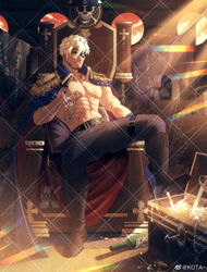  1boy abs bad_id bad_weibo_id bara bare_pectorals beard blonde_hair chair coat coat_on_shoulders commission epaulettes eugene_kidd eyepatch facial_hair highres jewelry knee_up kotakun large_pectorals looking_at_viewer male_focus muscular muscular_male nipples original pectorals pirate scar scar_on_chest short_hair sideburns sitting skull_print smile solo stomach treasure_chest watermark 