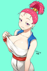  :3 arm_at_side artist_name bare_shoulders blue_background blue_vest breasts cleavage closed_mouth clothes_tug collarbone commentary dated dragon_quest dragon_quest_iii earrings female folded_ponytail forehead hair_pulled_back hand_up high_ponytail jewelry light_blush looking_at_viewer merchant_(dq3) mole mole_on_breast mole_under_mouth pink_hair ponytail purple_eyes red_sash red_wristband sash seductive_smile short_ponytail signature simple_background smile solo strapless tsukudani_(coke-buta) vest wide_ponytail 