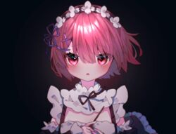  :o black_background black_ribbon blush detached_sleeves dress eringikinono female frilled_dress frills gradient_background hair_ornament hair_ribbon hand_up highres holding looking_at_viewer maid maid_headdress neck_ribbon purple_ribbon ram_(re:zero) re:zero_kara_hajimeru_isekai_seikatsu red_eyes red_hair ribbon roswaal_mansion_maid_uniform short_hair solo x_hair_ornament 