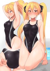  adjusting_clothes adjusting_swimsuit ass barefoot black_one-piece_swimsuit blonde_hair blush_stickers breasts collarbone commission competition_swimsuit covered_navel dream_c_club dream_c_club_(series) female full_body highleg highleg_swimsuit hisakabe_oto kneeling large_breasts long_hair looking_at_viewer mian_(dream_c_club) multiple_views one-piece_swimsuit skeb_commission swimsuit twintails yellow_eyes 