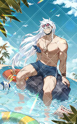  1boy abs absurdres alchemy_stars alternate_costume bad_id bad_weibo_id bara barton_(alchemy_stars) beach blue_male_swimwear eyewear_on_head feet_out_of_frame highres jewelry kotakun large_pectorals long_hair male_focus male_swimwear muscular muscular_male necklace nipples outdoors pectorals scar sitting smile solo sparkle stomach sunglasses swim_trunks thighs topless_male water white_hair 