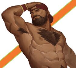  1boy abs armpit_hair armpits backwards_hat bara baseball_cap beard brown_hair chest_hair completely_nude facial_hair from_below hand_on_own_head hat large_pectorals looking_at_viewer male_focus male_pubic_hair mature_male mohawk moustache muscular muscular_male navel navel_hair nipples nude pectorals pubic_hair ryker scar scar_on_arm short_hair smile solo stomach street_fighter upper_body zangief 