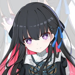  absurdres black_hair blue_ribbon bright_pupils chibi closed_mouth colored_inner_hair earrings female hair_ornament hairclip highres jewelry long_hair multicolored_hair punishing:_gray_raven purple_eyes red_hair ribbon selena:_tempest_(punishing:_gray_raven) selena_(punishing:_gray_raven) split_mouth white_pupils yeyou_(pwny8774) zoom_layer 