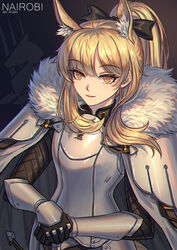  animal_ear_fluff animal_ears arknights armor black_background black_gloves black_ribbon blemishine_(arknights) blonde_hair breastplate commentary extra_ears female fur_trim gloves hair_ribbon highres horse_ears horse_girl kingdom_of_kazimierz_logo long_hair looking_at_viewer nairobi_song ribbon simple_background smile solo upper_body vambraces yellow_eyes 