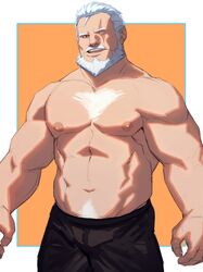  1boy abs bara beard black_pants bulge chest_hair facial_hair hair_strand highres large_pectorals looking_at_viewer male_focus mature_male muscular muscular_male navel navel_hair nipples old old_man overwatch overwatch_1 pants pectorals reinhardt_(overwatch) ryker scar scar_across_eye scar_on_face short_hair simple_background smile solo stomach topless_male white_hair wrinkled_skin 