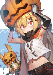  +++ 2girls animal_ears arknights armpits bandaged_arm bandages bare_shoulders black_cape black_cloak black_gloves black_shorts blonde_hair blue_background blush candy cape claw_pose cloak commentary cowboy_shot crop_top crop_top_overhang fingerless_gloves food fox_ears fox_tail gloves groin hair_between_eyes hair_ornament hairclip halloween halloween_costume highres holding holding_food holding_pumpkin holding_vegetable jewelry kroos_(arknights) kroos_(the_mag)_(arknights) looking_at_viewer midriff mitake_eil multiple_girls navel necklace notched_ear official_alternate_costume orange_eyes originium_(arknights) plaid plaid_shirt prosthesis prosthetic_arm pumpkin pumpkin_on_head rabbit_ears sarashi shirt short_hair shorts sidelocks signature single_fingerless_glove single_glove skirt sleeveless sleeveless_shirt standing strapless strapless_shirt striped_clothes striped_skirt sweat tail tooth_necklace torn_clothes torn_shirt vegetable vermeil_(arknights) vertical-striped_clothes vertical-striped_skirt wavy_mouth white_shirt yellow_shirt 