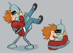  bender_bending_rodr&iacute;guez blush blush_stickers bottomwear clothing comedy_central denim denim_bottomwear denim_clothing duo futurama hair handsomehugs happy hi_res human human_on_robot jacket jeans machine male male/male mammal orange_hair pants philip_j._fry politepuppet red_clothing red_jacket red_topwear robot shadow topwear 