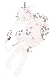  2021 animal_ears animal_print bangs bell bikini bridal_garter cat_teaser chinese_zodiac collar commentary cow_ears cow_horns cow_print detached_collar eguchi_saan english_commentary fake_animal_ears fake_horns female film_grain fish full_body hair_bell hair_between_eyes hair_ornament happy_new_year highres holding horns knife_in_head koi maid_headdress micro_bikini multicolored_hair nail_polish navel original over-kneehighs print_bikini red_nails scar scar_on_leg see-through_cuffs short_hair simple_background solo streaked_hair string_bikini swimsuit thighhighs white_background white_collar white_thighhighs wrist_cuffs year_of_the_ox 