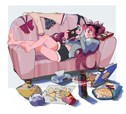  barefoot blush bow bowtie chips_(food) commentary couch domino&#039;s_pizza feet female food french_fries highres jacket jewelry long_hair mahou_shoujo_madoka_magica mahou_shoujo_madoka_magica_(anime) messy_hair navel nintendo_switch pizza playing_games pocky ponytail popcorn potato_chips red_eyes red_hair relaxing ring sakura_kyoko shorts simple_background soles symbol-only_commentary tissue_box toes tsurime unworn_bowtie yooki_(winter_cakes) 