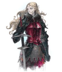  armor armored_dress avlora_(triangle_strategy) blonde_hair blue_eyes breastplate closed_mouth cowboy_shot expressionless female gauntlets gem holding holding_sword holding_weapon ikusy long_hair looking_afar official_art shoulder_armor solo standing sword transparent_background triangle_strategy two-handed_sword warrior weapon 