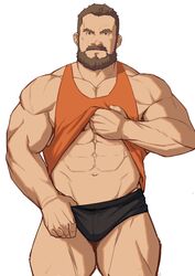  1boy abs absurdres bara beard black_male_underwear briefs brown_hair bulge clothes_lift cowboy_shot facial_hair highres large_pectorals lifting_own_clothes looking_at_viewer male_focus male_underwear male_underwear_pull mature_male moustache muscular muscular_male navel no_pants orange_tank_top original pectoral_cleavage pectorals pulling_own_clothes ryker shirt_lift short_hair sidepec smile solo stomach tank_top thick_thighs thighs underwear white_background 