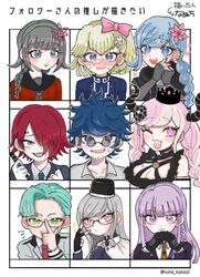  3boys 6+girls :d :o adjusting_eyewear black_flower black_gloves black_headwear black_horns blonde_hair blue_eyes blue_hair blunt_bangs blush bow braid breasts cape cleavage closed_mouth collared_shirt commentary_request criss-cross_halter crown danganronpa:_trigger_happy_havoc danganronpa_(series) embarrassed facial_hair fingerless_gloves flower followers_favorite_challenge freckles fubuki_clockford glasses gloves green_eyes green_hairband grey_gloves grey_hair hair_flower hair_ornament hair_over_one_eye hairband hairbow halterneck hanegasaki_academy_school_uniform hikami_itaru holding holding_whip hood hood_down horns kirigiri_kyoko kurumi_wendy long_hair long_sleeves looking_at_viewer martina_electro master_detective_archives:_rain_code multicolored_hair multiple_boys multiple_drawing_challenge multiple_girls nanuti_kun necktie open_mouth orange_necktie own_hands_together pink_bow pink_eyes pink_flower pink_hair pucci_lavmin purple_eyes purple_hair rabbit_hair_ornament red_hair red_shirt round_eyewear sailor_collar sailor_shirt school_uniform shinigami_(rain_code) shirt short_hair side_braid single_braid smile sparkle stubble sweatdrop tinted_eyewear tokimeki_memorial tokimeki_memorial_girl&#039;s_side_2nd_kiss translated twin_braids two-tone_hair white_cape white_gloves white_shirt yakou_furio yomi_hellsmile 