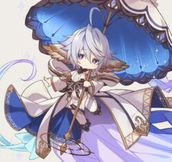  ahoge black_footwear blue_eyes chibi closed_mouth female floating full_body granblue_fantasy grey_hair harvin holding holding_umbrella honda_tamanosuke looking_at_viewer outstretched_arm pelvic_curtain short_hair solo thighhighs umbrella wamdus_(granblue_fantasy) white_thighhighs 