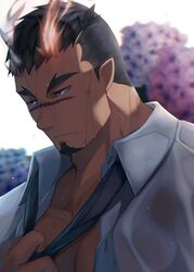  1boy backlighting bara black_hair cherry_blossoms collared_shirt crow_(siranui) facial_hair fiery_horns forked_eyebrows goatee highres horns looking_to_the_side loose_necktie male_focus mature_male muscular muscular_male necktie open_clothes open_shirt pectoral_cleavage pectorals pointy_ears portrait salaryman scar scar_on_face scar_on_nose shirt short_hair sideburns solo tokyo_afterschool_summoners undercut undressing upper_body wet wet_clothes wet_shirt yoritomo_(housamo) 