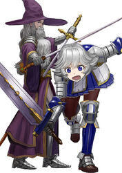  1boy aletheia_(granblue_fantasy) armor armored_boots beard blue_eyes blue_skirt boots brown_legwear cloak facial_hair falling farrah_(granblue_fantasy) female fighting_stance full_armor gauntlets granblue_fantasy grey_hair hat holding holding_sword holding_weapon long_hair moustache old old_man open_mouth pantyhose pauldrons pleated_skirt purple_cloak purple_headwear short_hair shoulder_armor simple_background skirt standing standing_on_one_leg sword tripping wasabi60 weapon white_background wizard wizard_hat 