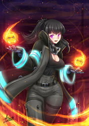  adsouto black_hair black_tank_top blush breasts cleavage collarbone en&#039;en_no_shouboutai female fire fireball firefighter firefighter_jacket highres jacket large_breasts long_hair looking_at_viewer maki_oze ponytail purple_eyes sidelocks smile solo standing tank_top 