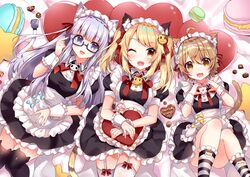  3girls :d ;d alternate_costume animal_ear_fluff animal_ear_legwear animal_ears animal_print annin_miru apron bed_sheet black_dress black_thighhighs blonde_hair blue-framed_eyewear blush bow brown_eyes brown_hair cat_ear_legwear cat_print commentary crossover dress enmaided fangs feet_out_of_frame food frilled_apron frilled_legwear frills garter_straps glasses hair_between_eyes hair_ribbon heart heart-shaped_pillow hoonie_(hoonie_friends) hoonie_friends lying macaron maid multiple_crossover multiple_girls on_back one_eye_closed one_side_up open_mouth orith pillow print_thighhighs puffy_short_sleeves puffy_sleeves purple_eyes purple_hair red_bow red_ribbon ribbon semi-rimless_eyewear short_sleeves smile socks star-shaped_pillow striped_clothes striped_socks tail thighhighs twintails under-rim_eyewear usagihime virtual_youtuber waist_apron white_apron white_thighhighs wrist_cuffs yahoo! 