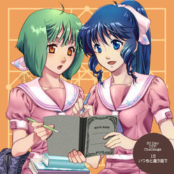  2girls :d ahoge bad_id bad_twitter_id bag blue_eyes blue_hair bow brown_eyes collarbone collared_shirt green_hair hair_between_eyes hairbow high_ponytail highres holding holding_pen kutsuno long_hair lynn_minmay macross macross:_do_you_remember_love? macross_frontier medium_hair multiple_girls notebook open_mouth pen pink_bow pink_shirt pink_skirt ranka_lee sailor_collar sailor_shirt school_bag school_uniform serafuku shirt short_sleeves sitting skirt smile upper_body white_sailor_collar 