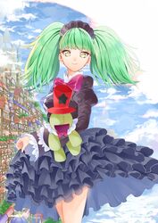  biburi_(precure) black_shirt black_skirt blunt_bangs bow bowtie closed_mouth day female floating_hair green_hair highres kirakira_precure_a_la_mode layered_skirt long_hair long_sleeves looking_at_viewer maid_headdress medium_skirt outdoors precure red_bow red_bowtie shirt skirt smile solo stuffed_toy yellow_eyes yuutarou_(fukiiincho) 