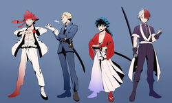  4boys abs adjusting_clothes adjusting_gloves ahoge alternate_costume alternate_hair_length alternate_hairstyle bad_id bad_pixiv_id bakugou_katsuki bandaged_foot bandaged_leg bandages belt black_belt black_footwear black_gloves black_hair black_pants black_shirt blonde_hair blue_background blue_eyes blue_jacket blue_pants boku_no_hero_academia brown_footwear burn_scar cigarette clenched_hand clothing_request collarbone commentary cosplay fingerless_gloves fist_bump freckles frown full_body gloves green_background green_eyes green_hair grey_eyes grin hair_between_eyes hairband hakama hakama_pants hand_up heterochromia highres himura_kenshin himura_kenshin_(cosplay) holding holding_sword holding_weapon jacket japanese_clothes katana kirishima_eijirou long_hair looking_at_viewer male_focus midoriya_izuku midriff_sarashi multicolored_hair multiple_boys necktie open_clothes open_jacket open_mouth own_hands_together pants ponytail purple_background red_eyes red_hair red_hairband rurouni_kenshin sagara_sanosuke sagara_sanosuke_(cosplay) saitou_hajime_(rurouni_kenshin) saitou_hajime_(rurouni_kenshin)_(cosplay) sandals sarashi scar scar_on_face sharp_teeth sheath shinomori_aoshi shinomori_aoshi_(cosplay) shirt shoes simple_background smile smoke smoking split-color_hair standing sword teeth todoroki_shouto tonomayo topless_male two-tone_hair weapon white_hair white_jacket white_pants 