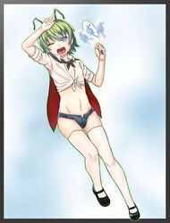  absurdres antennae big_mouse black_cape black_footwear blue_eyes blue_shorts blush breasts bright_pupils cape collared_shirt commentary_request female full_body green_hair hair_between_eyes hand_fan highres holding holding_fan looking_at_viewer mary_janes micro_shorts midriff navel one_eye_closed open_mouth panties red_cape shirt shoes short_hair short_sleeves shorts small_breasts solo thighhighs tied_shirt touhou two-sided_cape two-sided_fabric underwear white_panties white_pupils white_shirt white_thighhighs wriggle_nightbug 