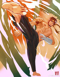  1boy abs absurdres armband bandaged_arm bandages bara barayot beard commission facial_hair foreshortening frown full_body headband highres incoming_kick indie_virtual_youtuber large_pectorals male_focus mature_male multicolored_hair muscular muscular_male nipples pants pectorals red_hair red_headband ryuugen_drake scar scar_across_eye second-party_source short_hair solo streaked_hair topless_male virtual_youtuber white_hair 