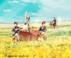  4boys armor baguette bicycle bicycle_basket black_gloves blonde_hair boots bread brown_hair charleville_(senjuushi) chassepot_(senjuushi) crossed_arms crossed_legs day field flower food fusui gloves gras_(senjuushi) hat male_focus military military_uniform multiple_boys official_art outdoors riding riding_bicycle senjuushi:_the_thousand_noble_musketeers_rhodoknight senjuushi_(series) shoulder_armor signature single_glove sitting sky tabatiere_(senjuushi) table tablecloth tea uniform waving 