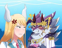  astarte_(tas) bael_(tas) blonde_hair blush canid canine canis chuurow duo female hair heart_symbol horn humanoid jackal lifewonders male mammal one_eye_closed seashell shell tokyo_afterschool_summoners wink 